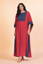 The Kaftan Company Kaftan Red Solid Viscose Rayon Kaftan with Cotton Printed Border Detail