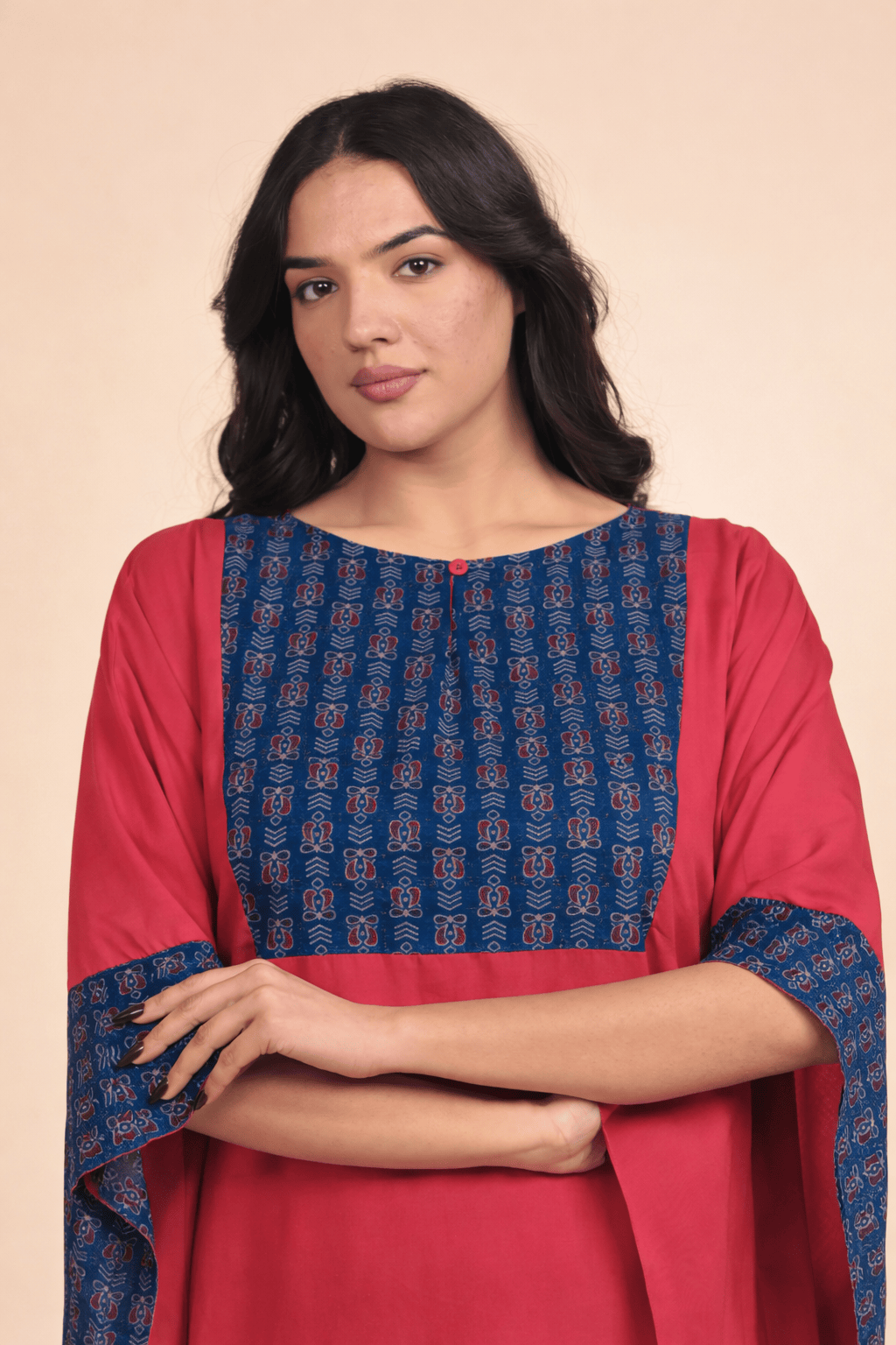 The Kaftan Company Kaftan Red Solid Viscose Rayon Kaftan with Cotton Printed Border Detail
