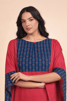 The Kaftan Company Kaftan Red Solid Viscose Rayon Kaftan with Cotton Printed Border Detail