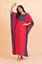 The Kaftan Company Kaftan Red Solid Viscose Rayon Kaftan with Cotton Printed Border Detail