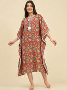 The Kaftan Company Kaftan Rust Mughal Floral Print Cotton Kaftan with Pom-Pom Trim