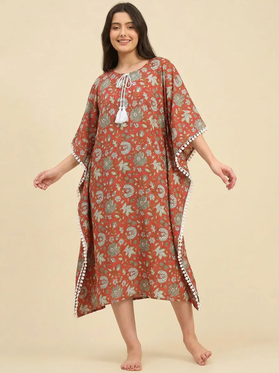 The Kaftan Company Kaftan Rust Mughal Floral Print Cotton Kaftan with Pom-Pom Trim