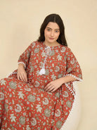 The Kaftan Company Kaftan Rust Mughal Floral Print Cotton Kaftan with Pom-Pom Trim
