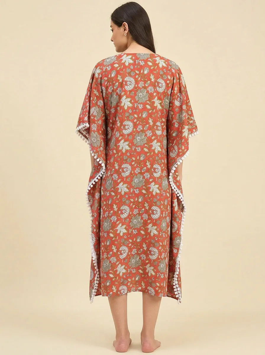 The Kaftan Company Kaftan Rust Mughal Floral Print Cotton Kaftan with Pom-Pom Trim