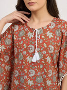 The Kaftan Company Kaftan Rust Mughal Floral Print Cotton Kaftan with Pom-Pom Trim