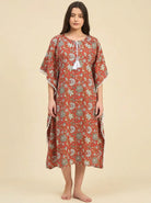 The Kaftan Company Kaftan Rust Mughal Floral Print Cotton Kaftan with Pom-Pom Trim