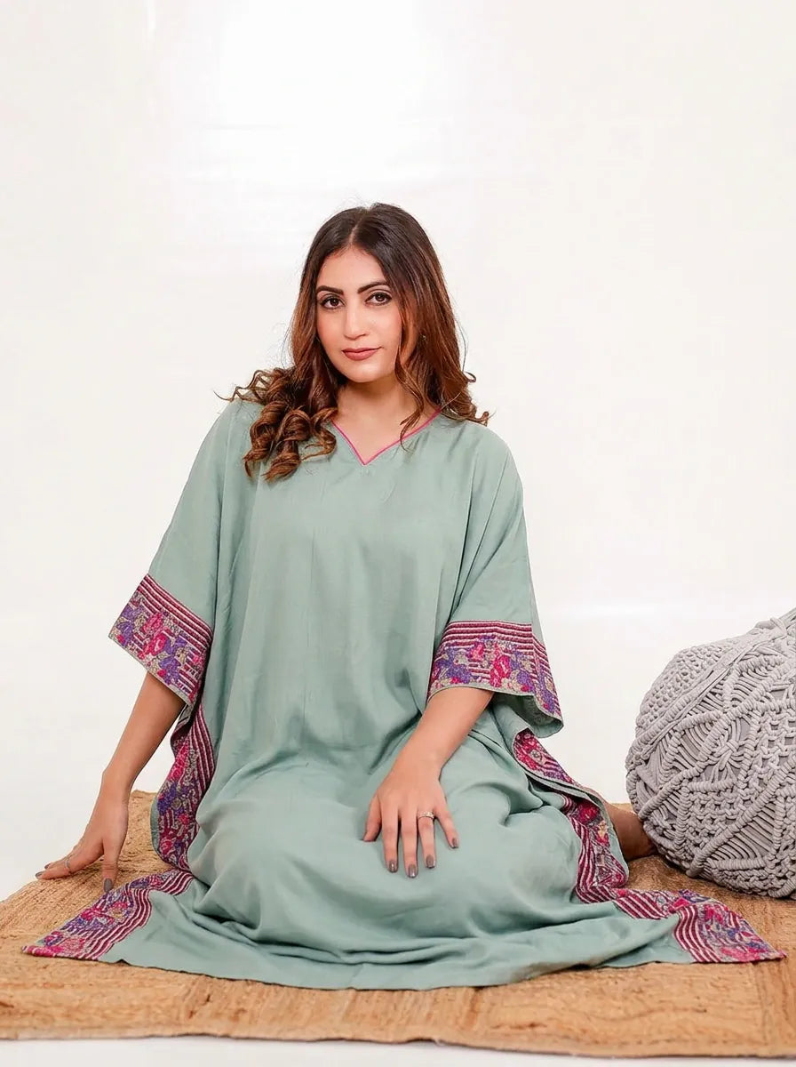 The Kaftan Company Kaftan Sage Green Viscose Kaftan with Borders