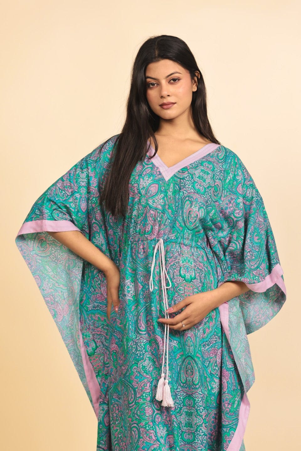The Kaftan Company Kaftan Teal and Lilac Paisley Print Viscose Rayon Kaftan with Tassel Drawstring