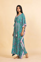 The Kaftan Company Kaftan Teal and Lilac Paisley Print Viscose Rayon Kaftan with Tassel Drawstring