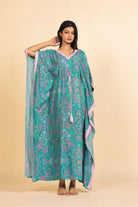 The Kaftan Company Kaftan Teal and Lilac Paisley Print Viscose Rayon Kaftan with Tassel Drawstring