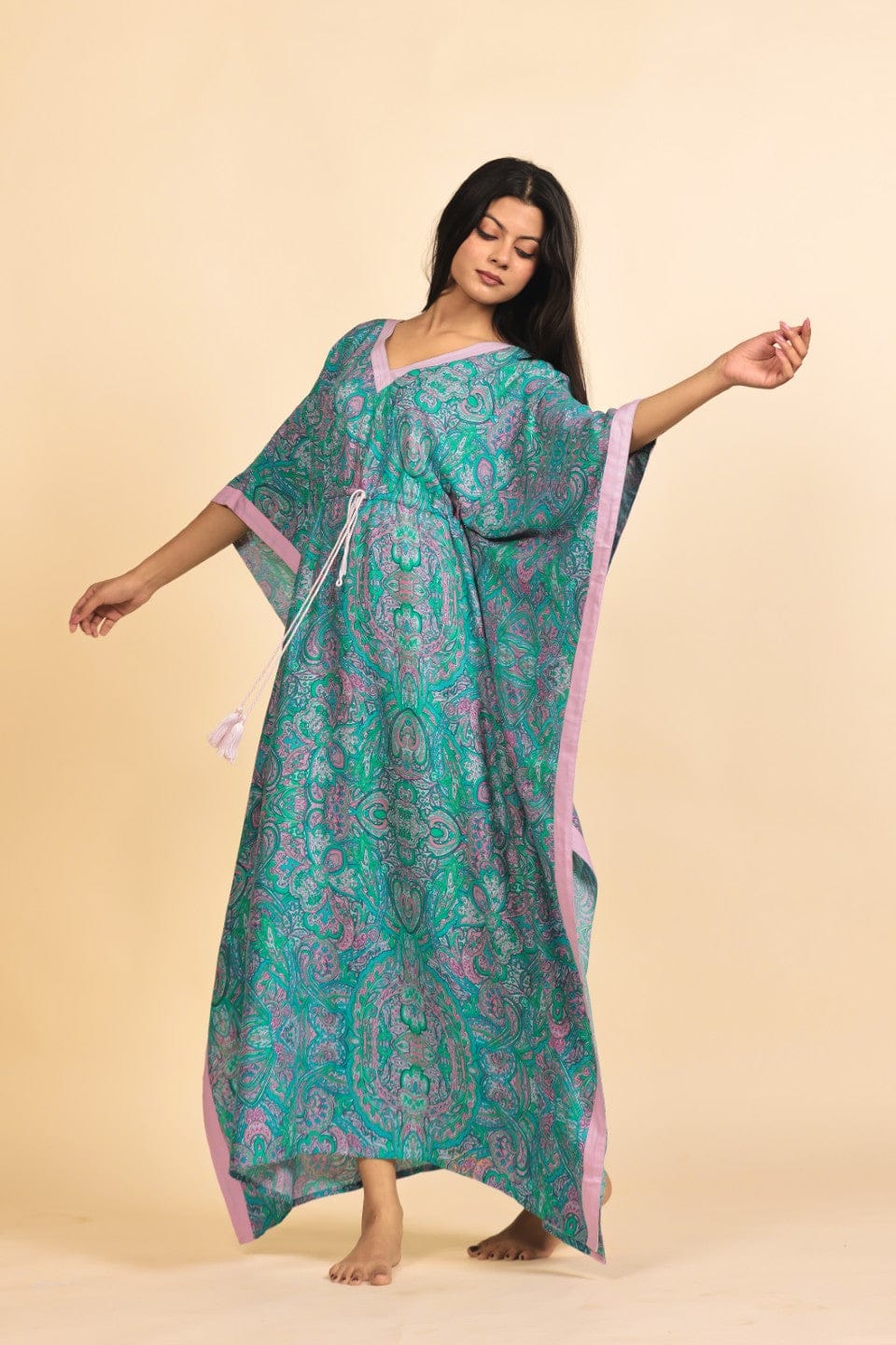 The Kaftan Company Kaftan Teal and Lilac Paisley Print Viscose Rayon Kaftan with Tassel Drawstring