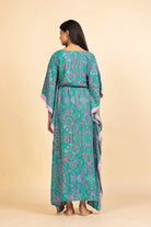 The Kaftan Company Kaftan Teal and Lilac Paisley Print Viscose Rayon Kaftan with Tassel Drawstring