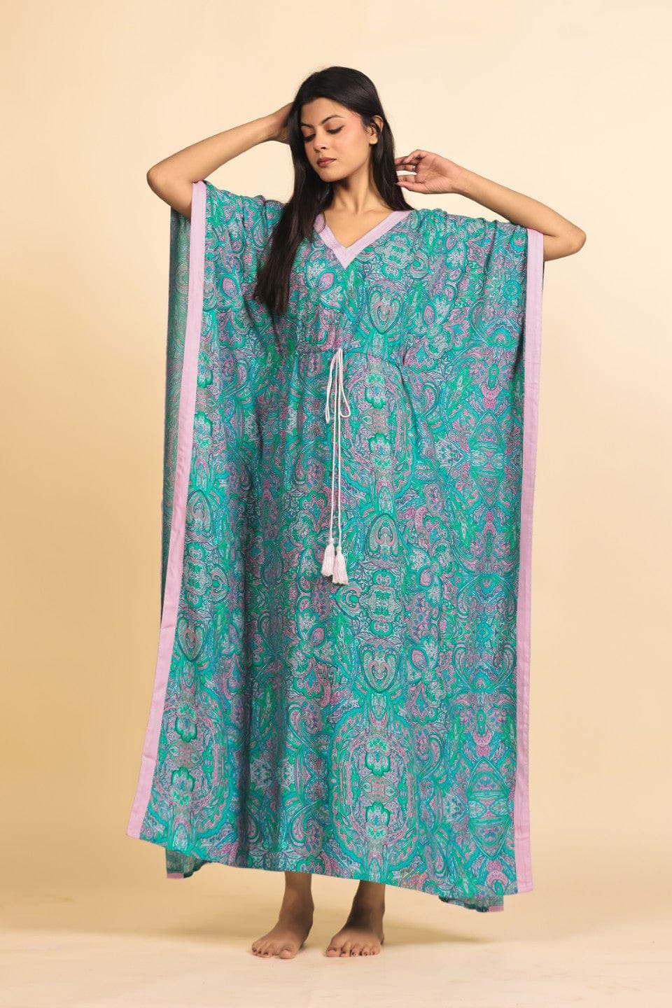 The Kaftan Company Kaftan Teal and Lilac Paisley Print Viscose Rayon Kaftan with Tassel Drawstring