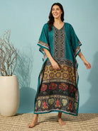 The Kaftan Company Kaftan Teal Border Print Kaftan with Pockets