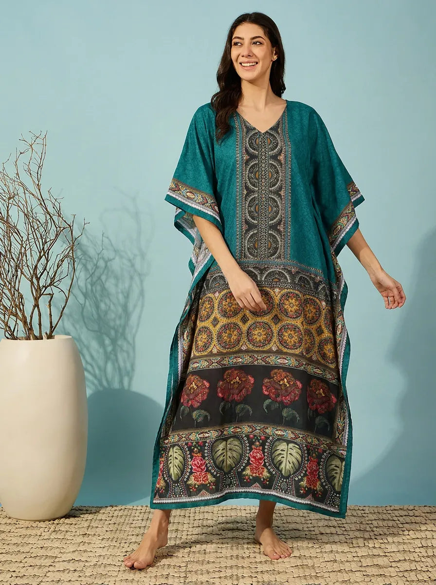 The Kaftan Company Kaftan Teal Border Print Kaftan with Pockets
