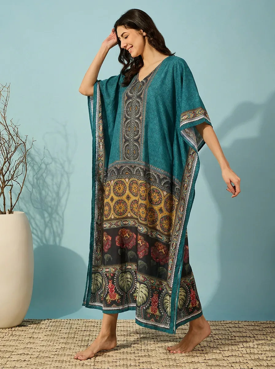 The Kaftan Company Kaftan Teal Border Print Kaftan with Pockets