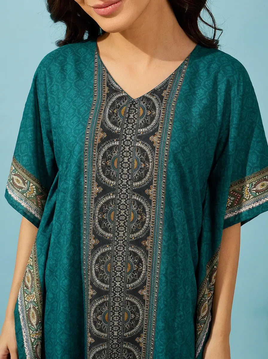 The Kaftan Company Kaftan Teal Border Print Kaftan with Pockets