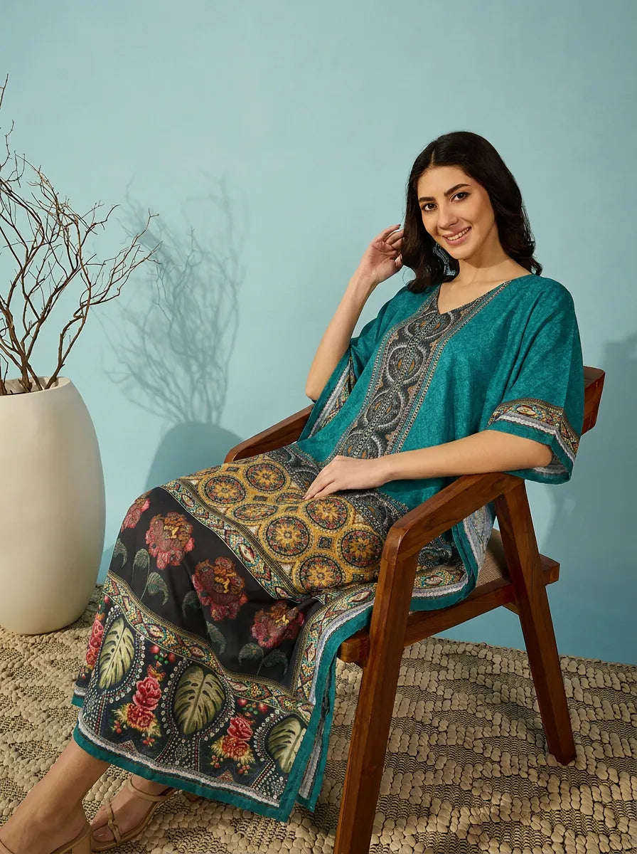 The Kaftan Company Kaftan Teal Border Print Kaftan with Pockets