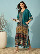 The Kaftan Company Kaftan Teal Border Print Kaftan with Pockets