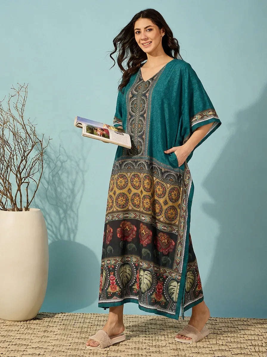 The Kaftan Company Kaftan Teal Border Print Kaftan with Pockets