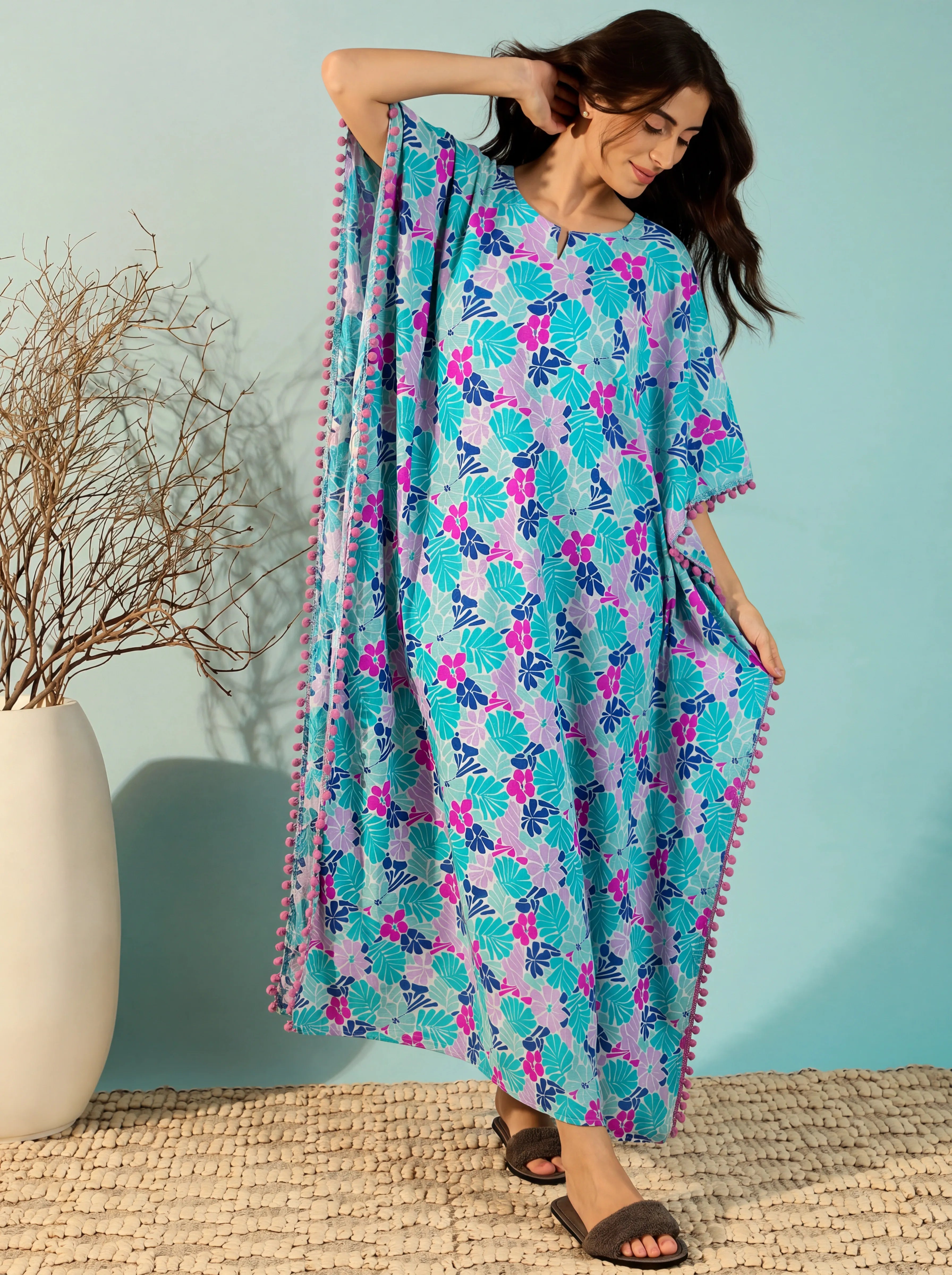 The Kaftan Company Kaftan Teal Tropical Floral Print Maxi Kaftan in Cotton