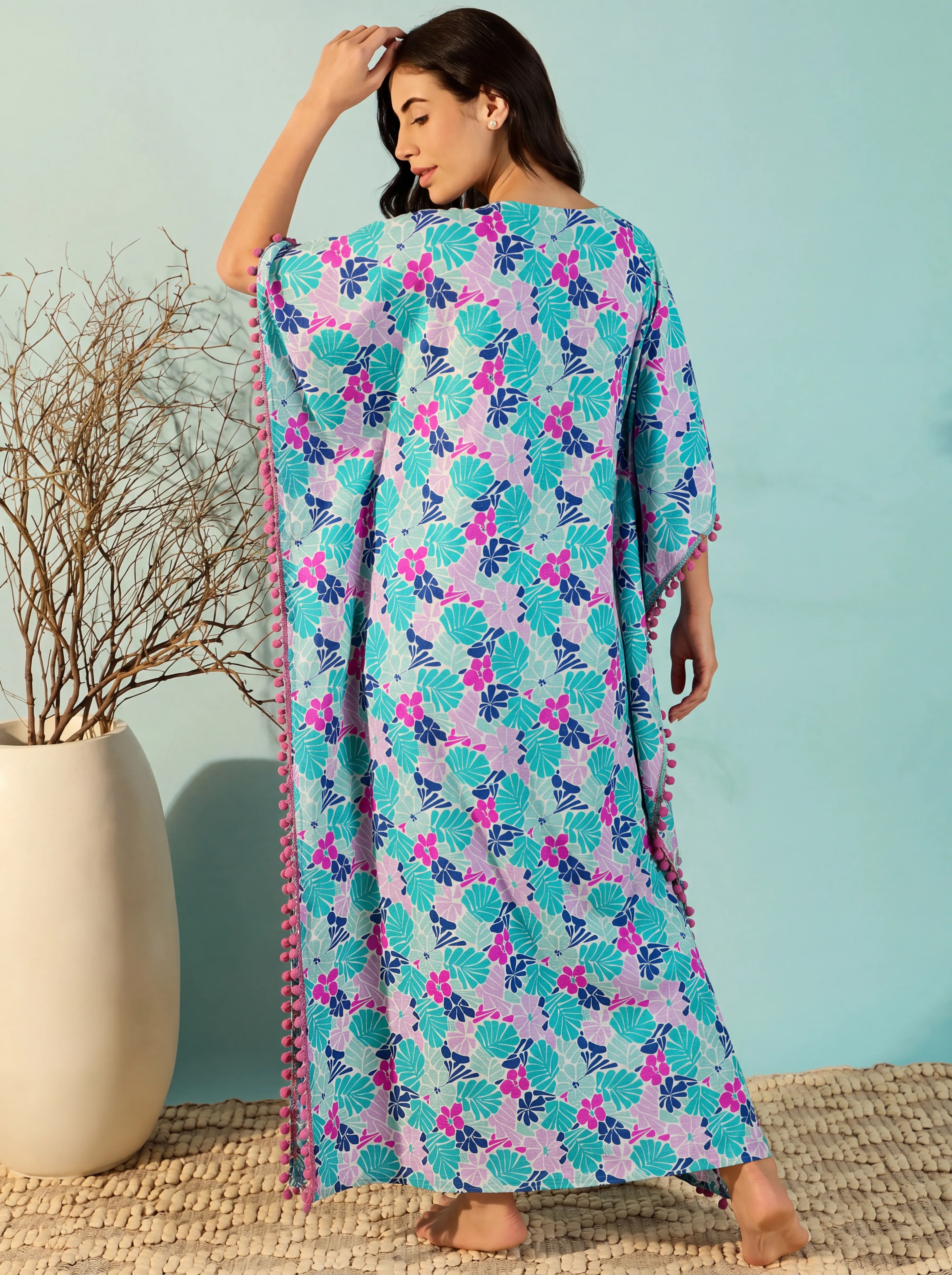 The Kaftan Company Kaftan Teal Tropical Floral Print Maxi Kaftan in Cotton