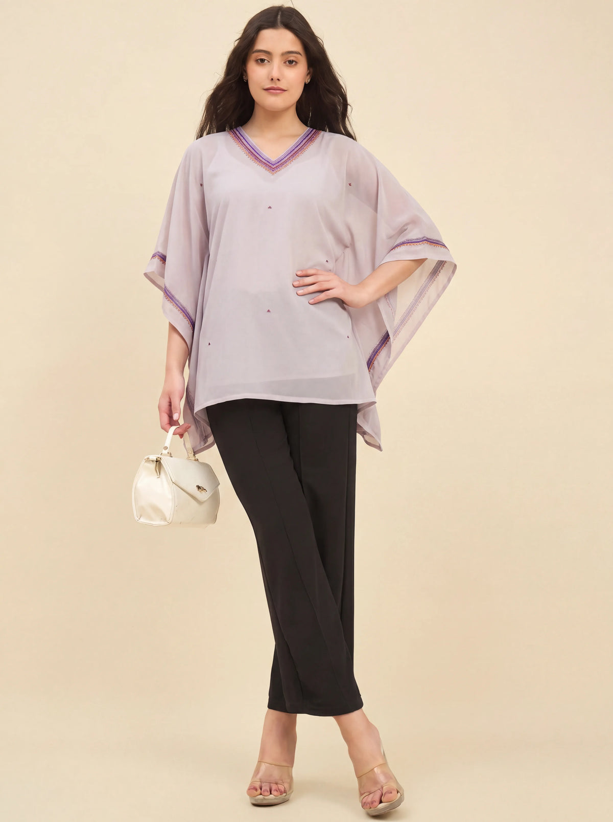 The Kaftan Company Kaftan Top Lilac Hand Embroidered Georgette Kaftan Top