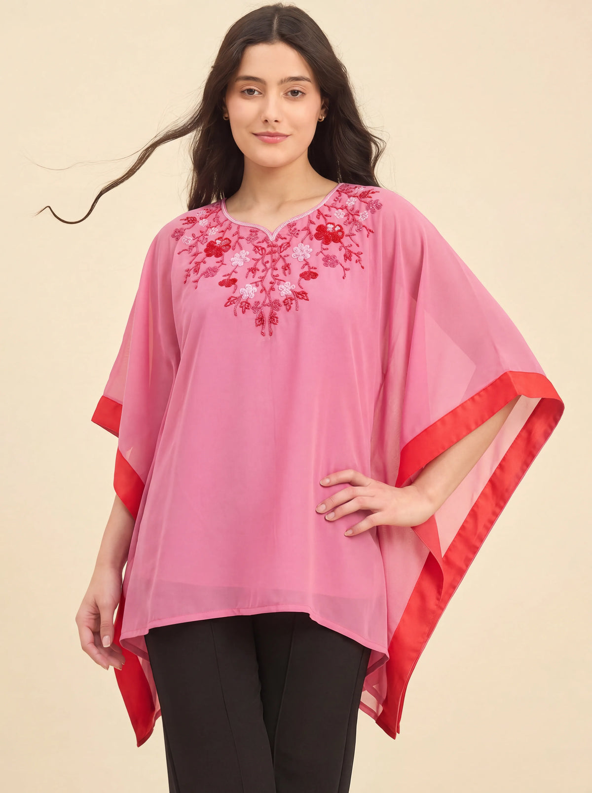 The Kaftan Company Kaftan Top Pink Hand Embroidered Georgette Kaftan Top