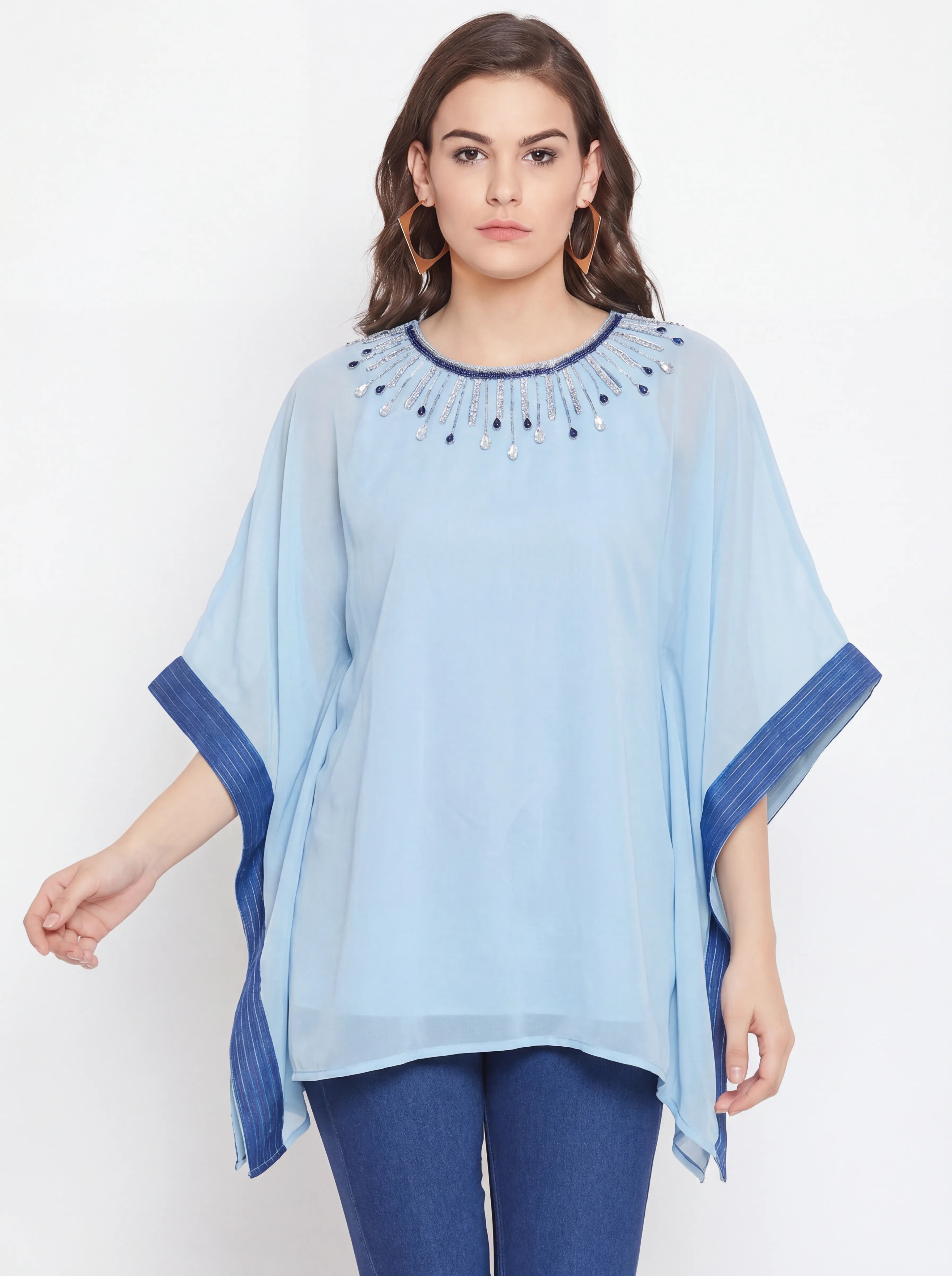 The Kaftan Company Kaftan Top Sky Blue Hand Embellished Georgette Kaftan Top
