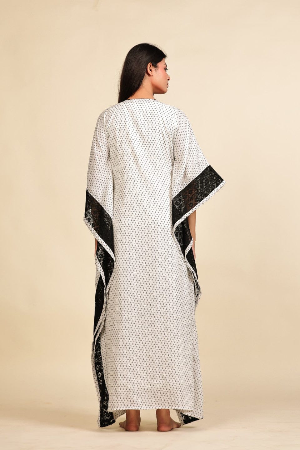 The Kaftan Company Kaftan White and Black Geometric Print Georgette Kaftan with Black Lace Trim