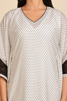 The Kaftan Company Kaftan White and Black Geometric Print Georgette Kaftan with Black Lace Trim
