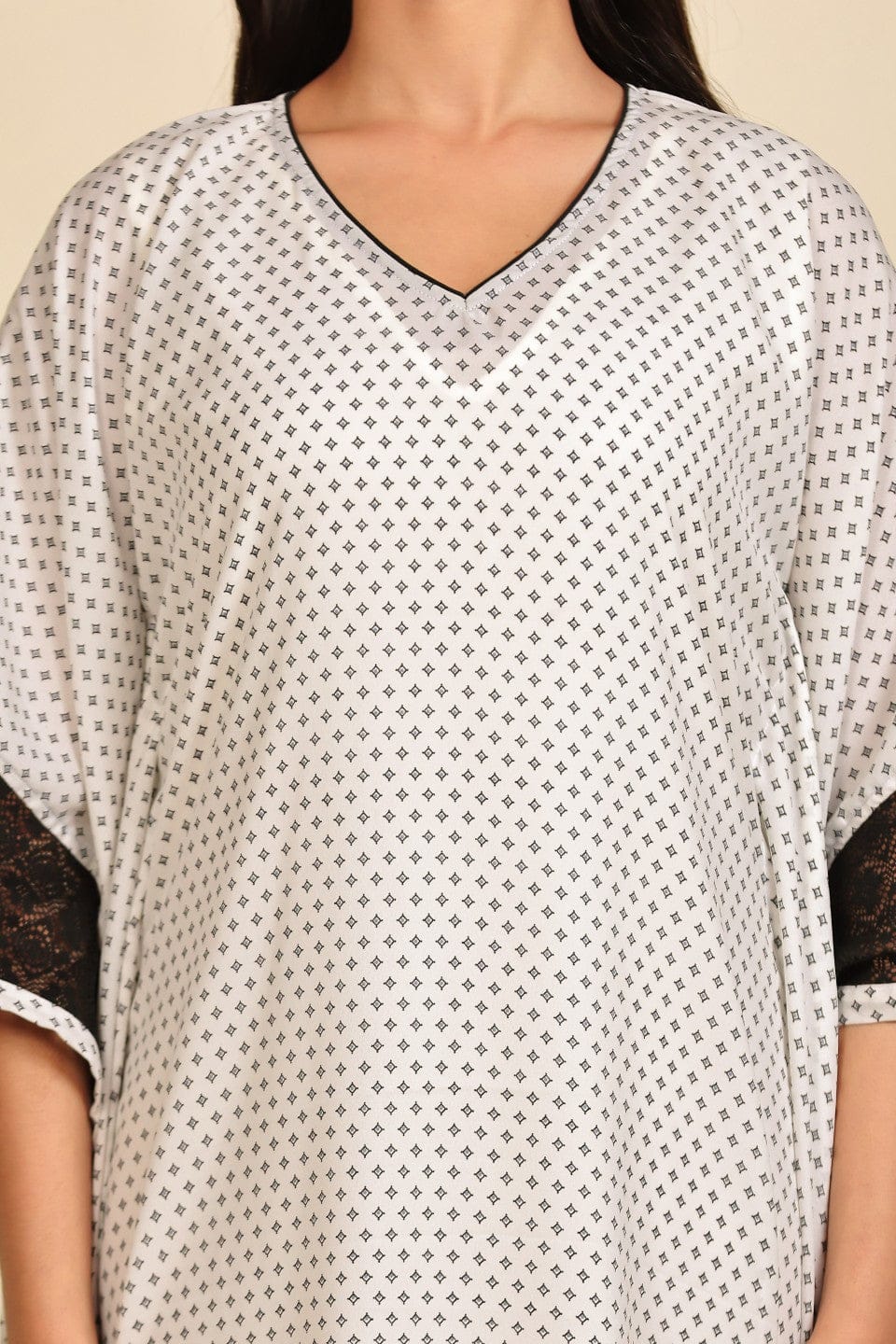 The Kaftan Company Kaftan White and Black Geometric Print Georgette Kaftan with Black Lace Trim