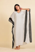The Kaftan Company Kaftan White and Black Geometric Print Georgette Kaftan with Black Lace Trim