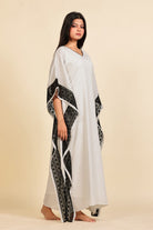 The Kaftan Company Kaftan White and Black Geometric Print Georgette Kaftan with Black Lace Trim