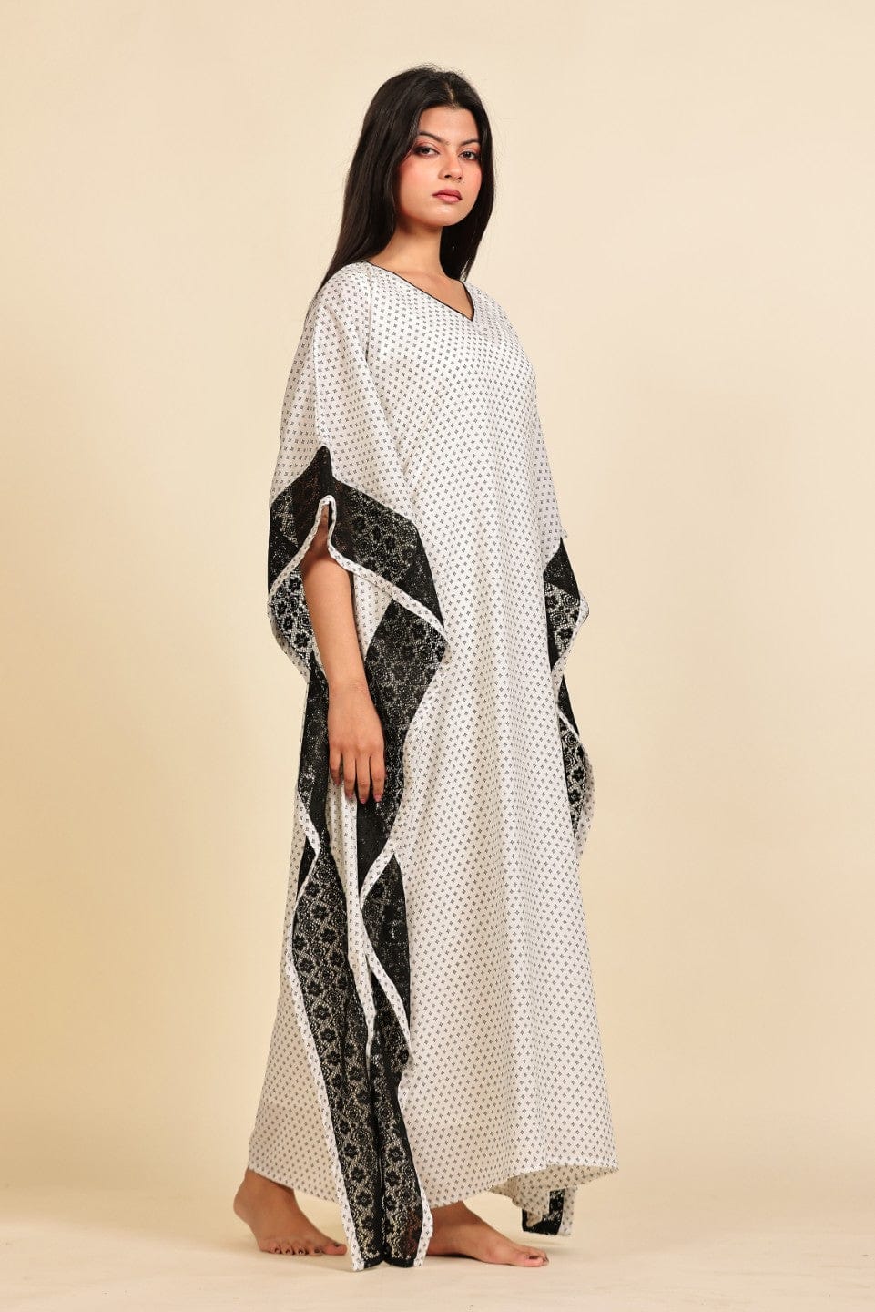The Kaftan Company Kaftan White and Black Geometric Print Georgette Kaftan with Black Lace Trim