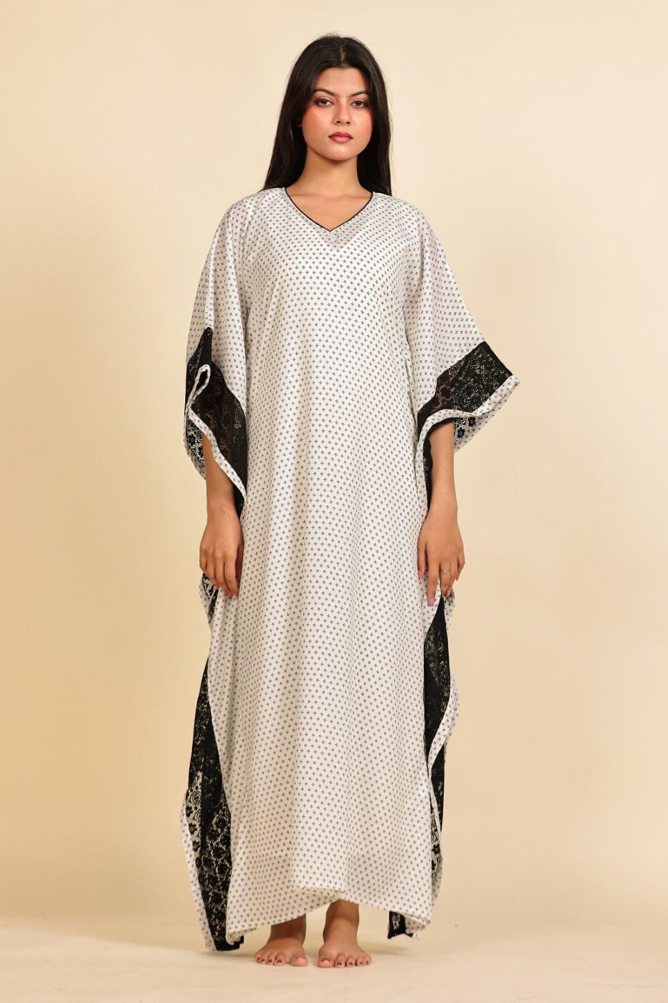 The Kaftan Company Kaftan White and Black Geometric Print Georgette Kaftan with Black Lace Trim