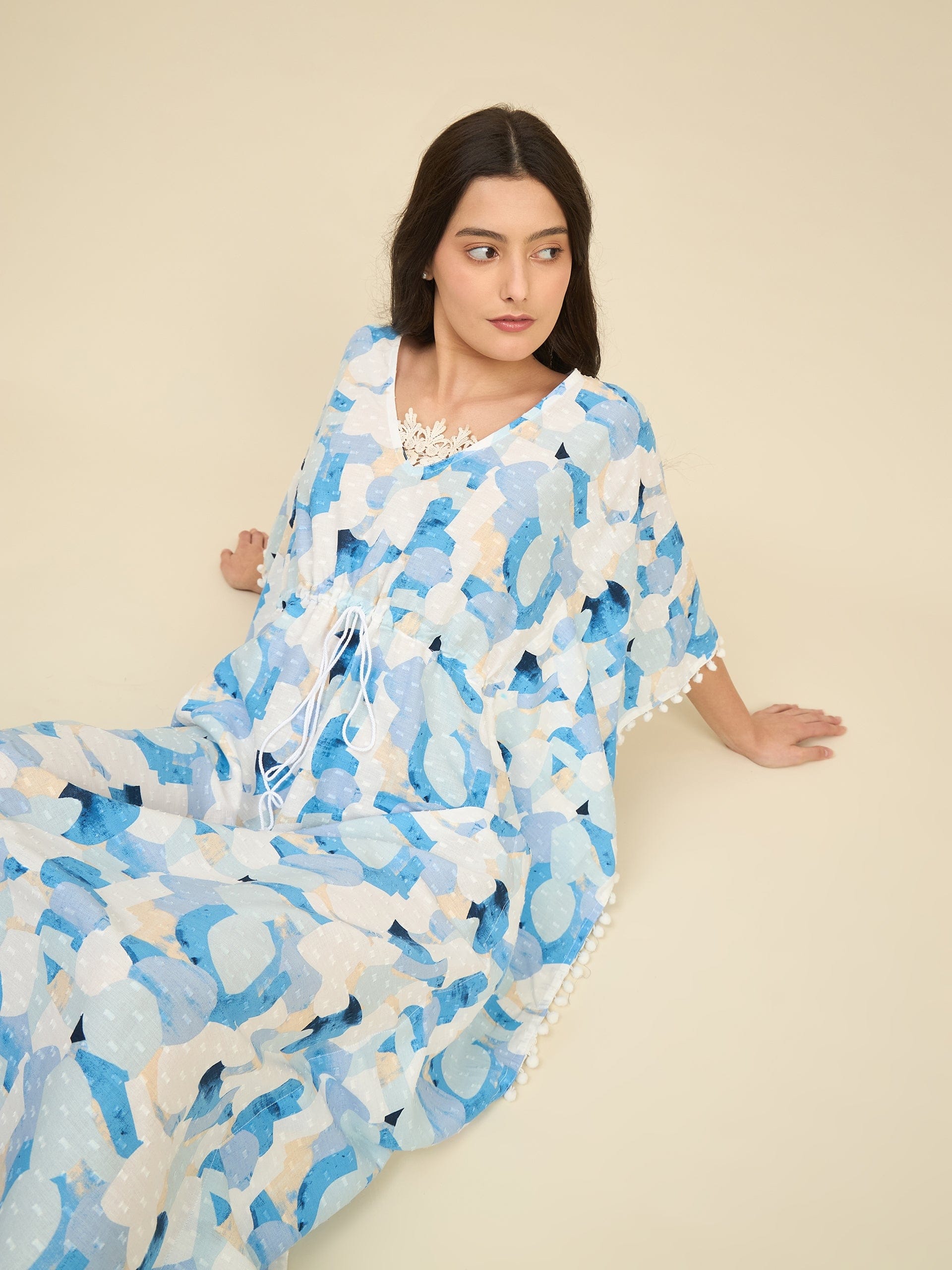 The Kaftan Company Kaftan White & Blue Printed Cotton Kaftan – Lace Trim Neckline & Pom-Pom Edges