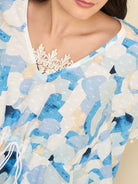 The Kaftan Company Kaftan White & Blue Printed Cotton Kaftan – Lace Trim Neckline & Pom-Pom Edges