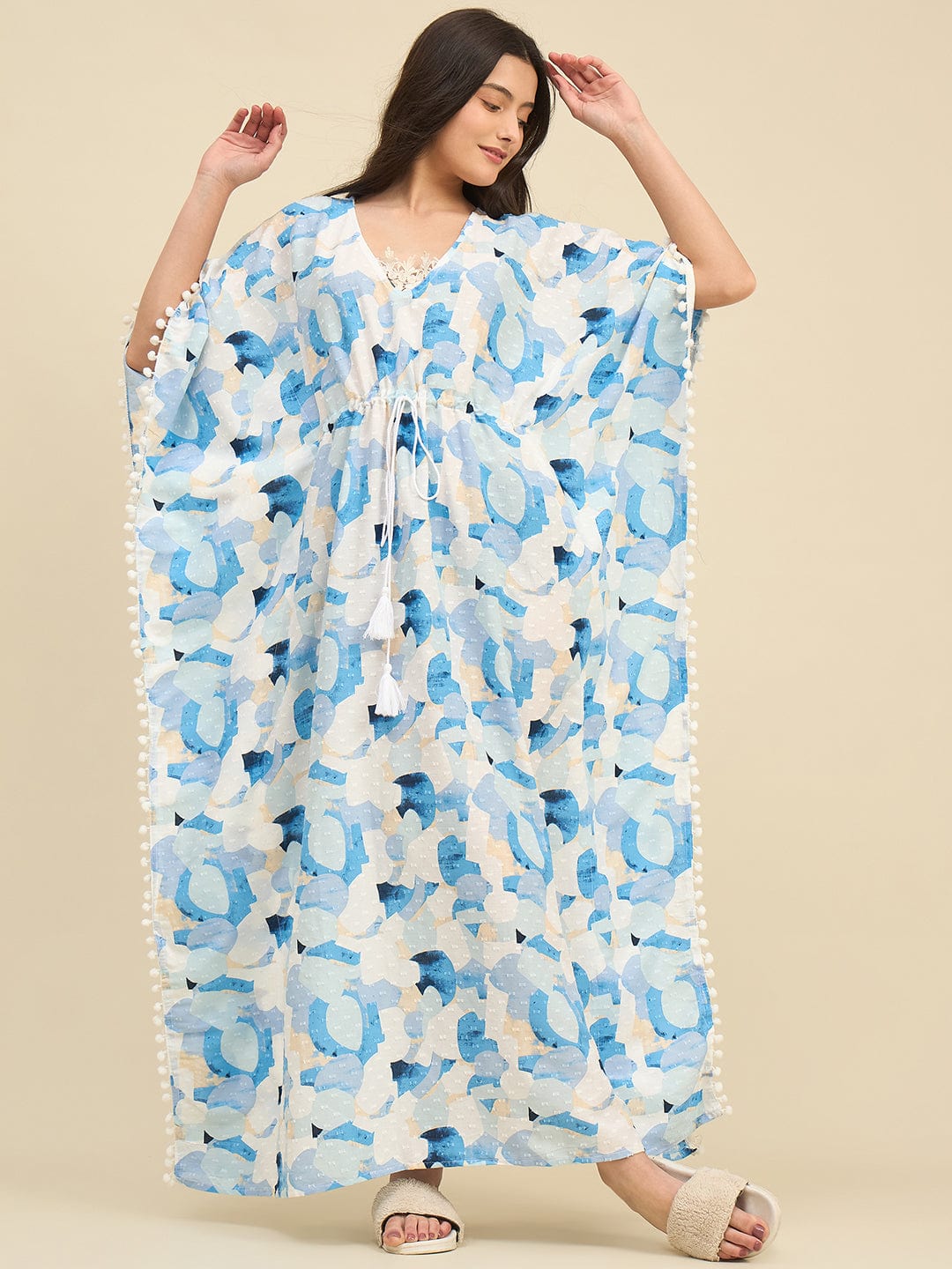 The Kaftan Company Kaftan White & Blue Printed Cotton Kaftan – Lace Trim Neckline & Pom-Pom Edges