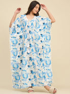 The Kaftan Company Kaftan White & Blue Printed Cotton Kaftan – Lace Trim Neckline & Pom-Pom Edges