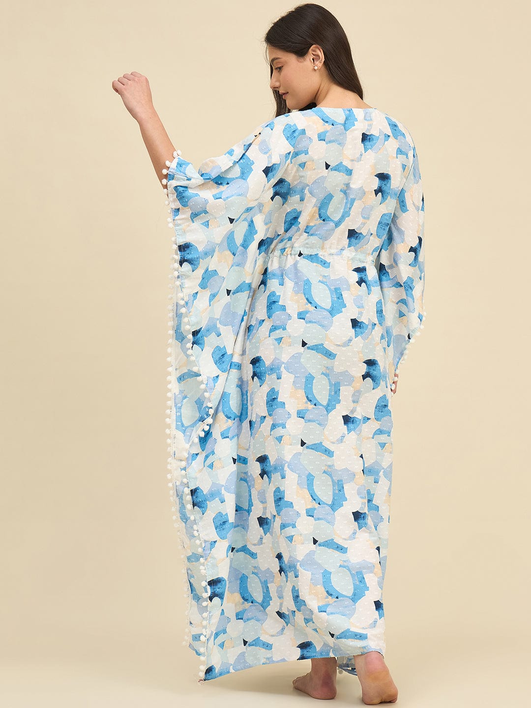The Kaftan Company Kaftan White & Blue Printed Cotton Kaftan – Lace Trim Neckline & Pom-Pom Edges