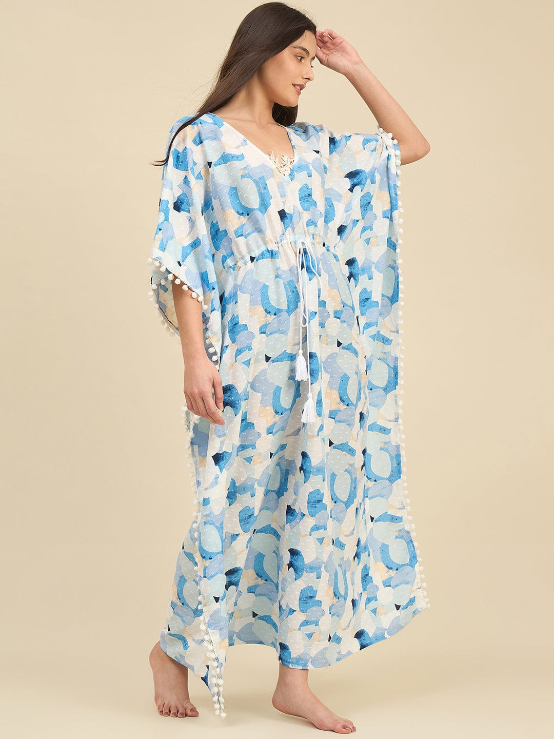 The Kaftan Company Kaftan White & Blue Printed Cotton Kaftan – Lace Trim Neckline & Pom-Pom Edges