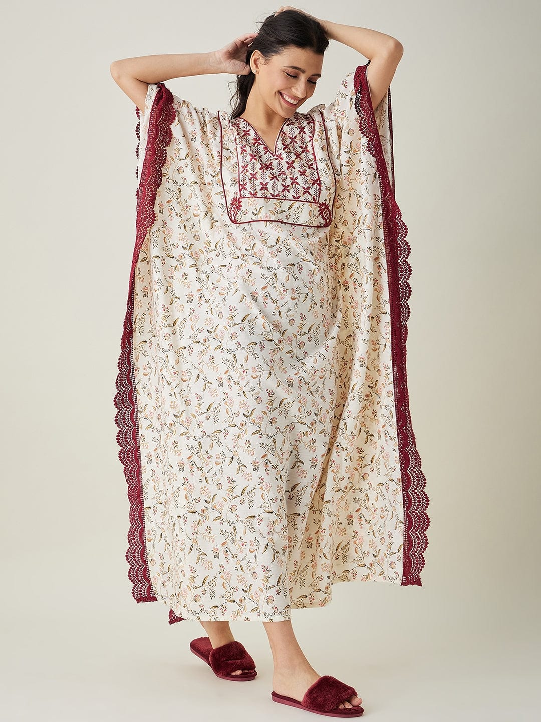 The Kaftan Company Kaftan White Floral Embroidered Maxi Kaftan