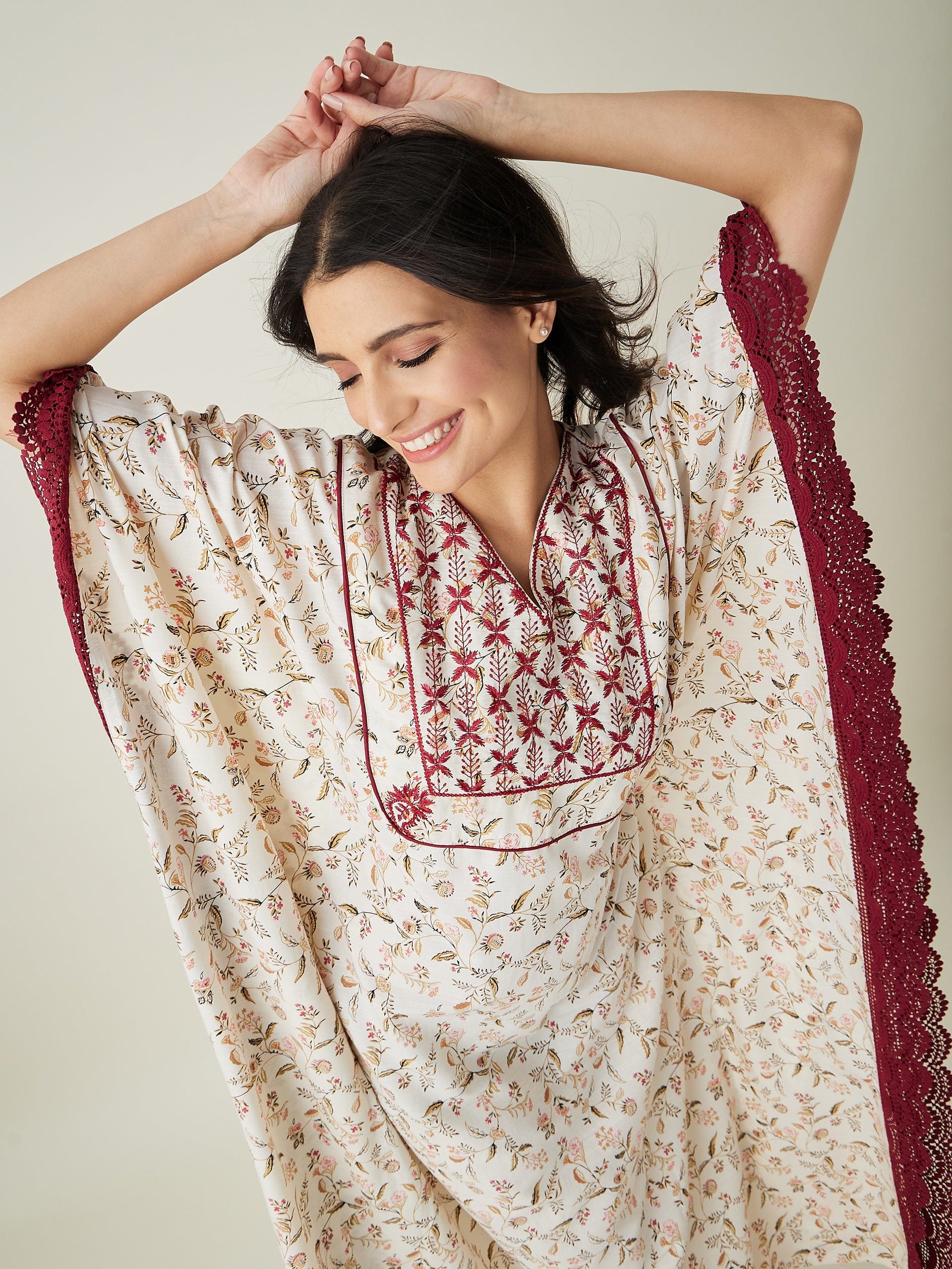 The Kaftan Company Kaftan White Floral Embroidered Maxi Kaftan