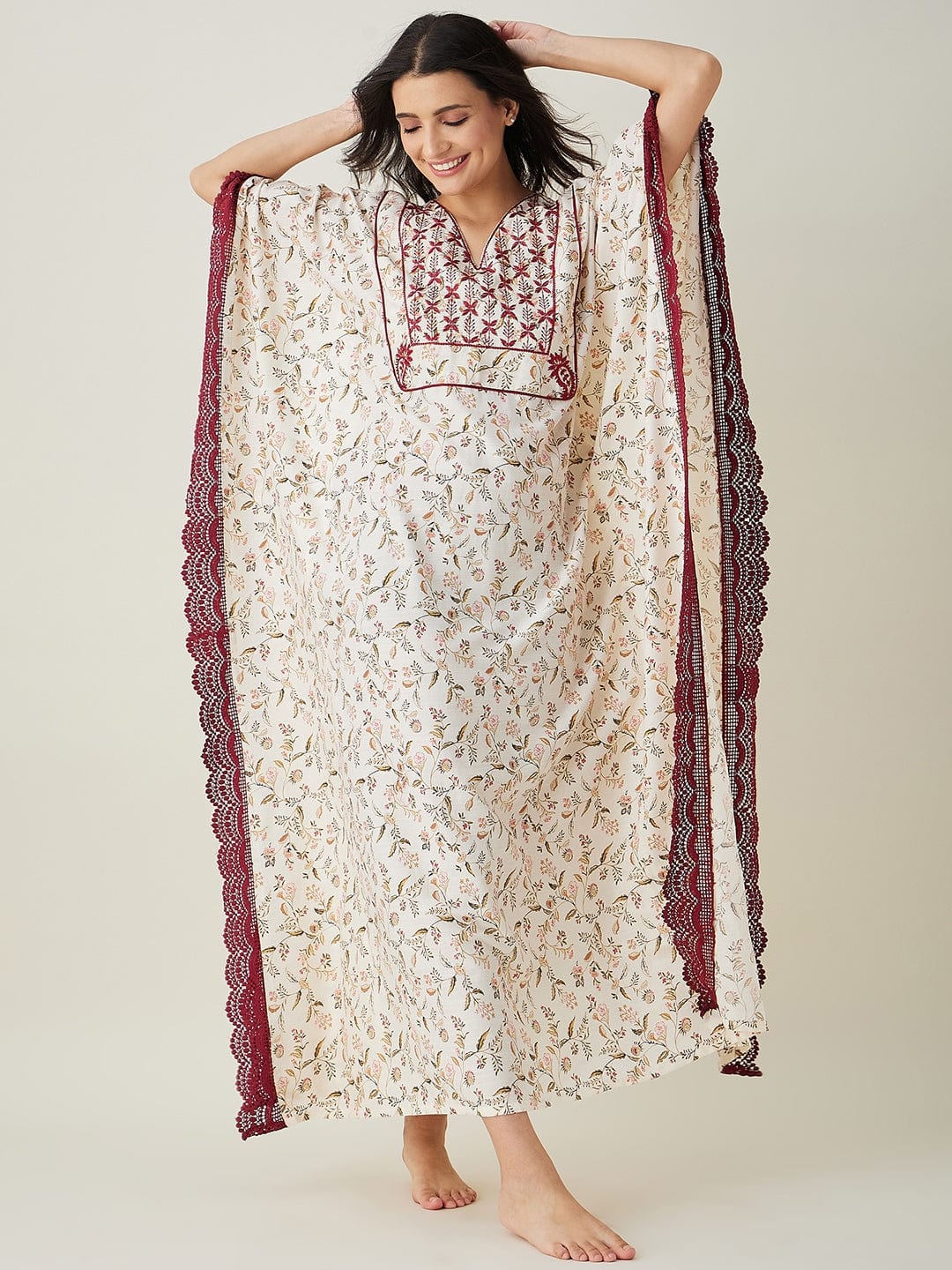The Kaftan Company Kaftan White Floral Embroidered Maxi Kaftan