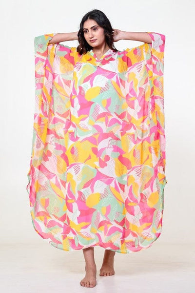 The Kaftan Company Kaftan White Floral Georgette Hooded Loungewear Kaftan with Crepe Slip