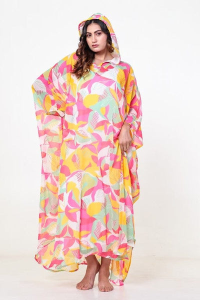 White Floral Georgette Hooded Loungewear Kaftan with Crepe Slip