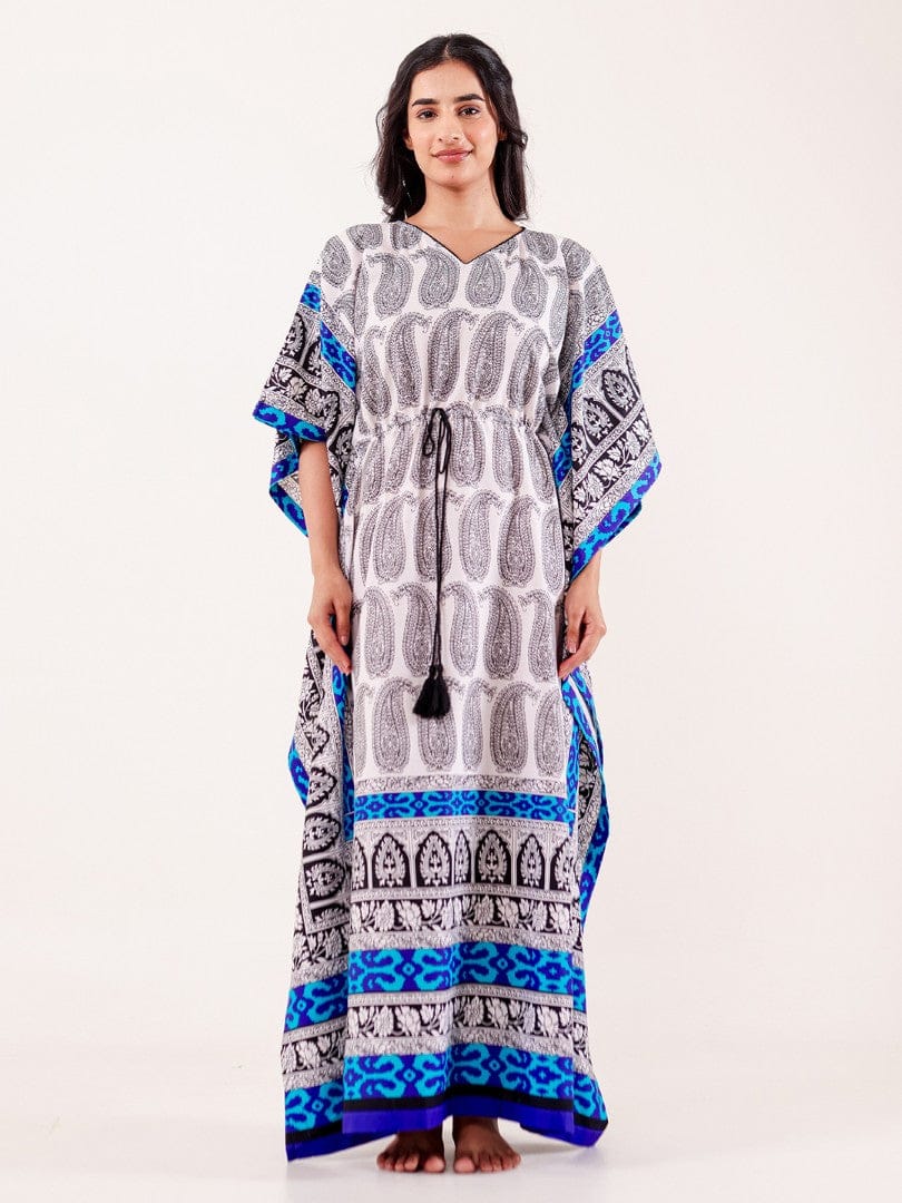 The Kaftan Company Kaftan White Paisley Printed Loungewear Kaftan