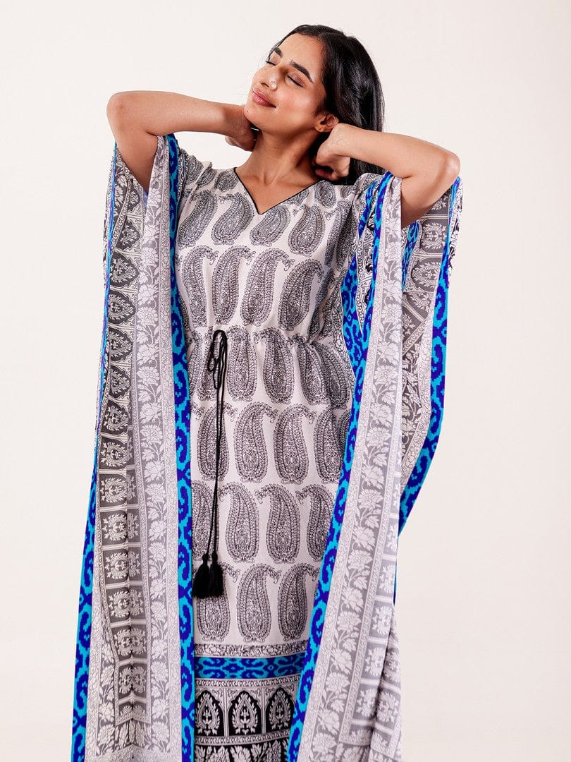 The Kaftan Company Kaftan White Paisley Printed Loungewear Kaftan