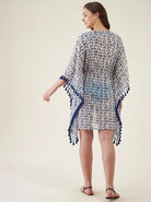 The Kaftan Company Kaftan White Scooter Print Georgette Beach Kaftan with Blue Tassel Trim